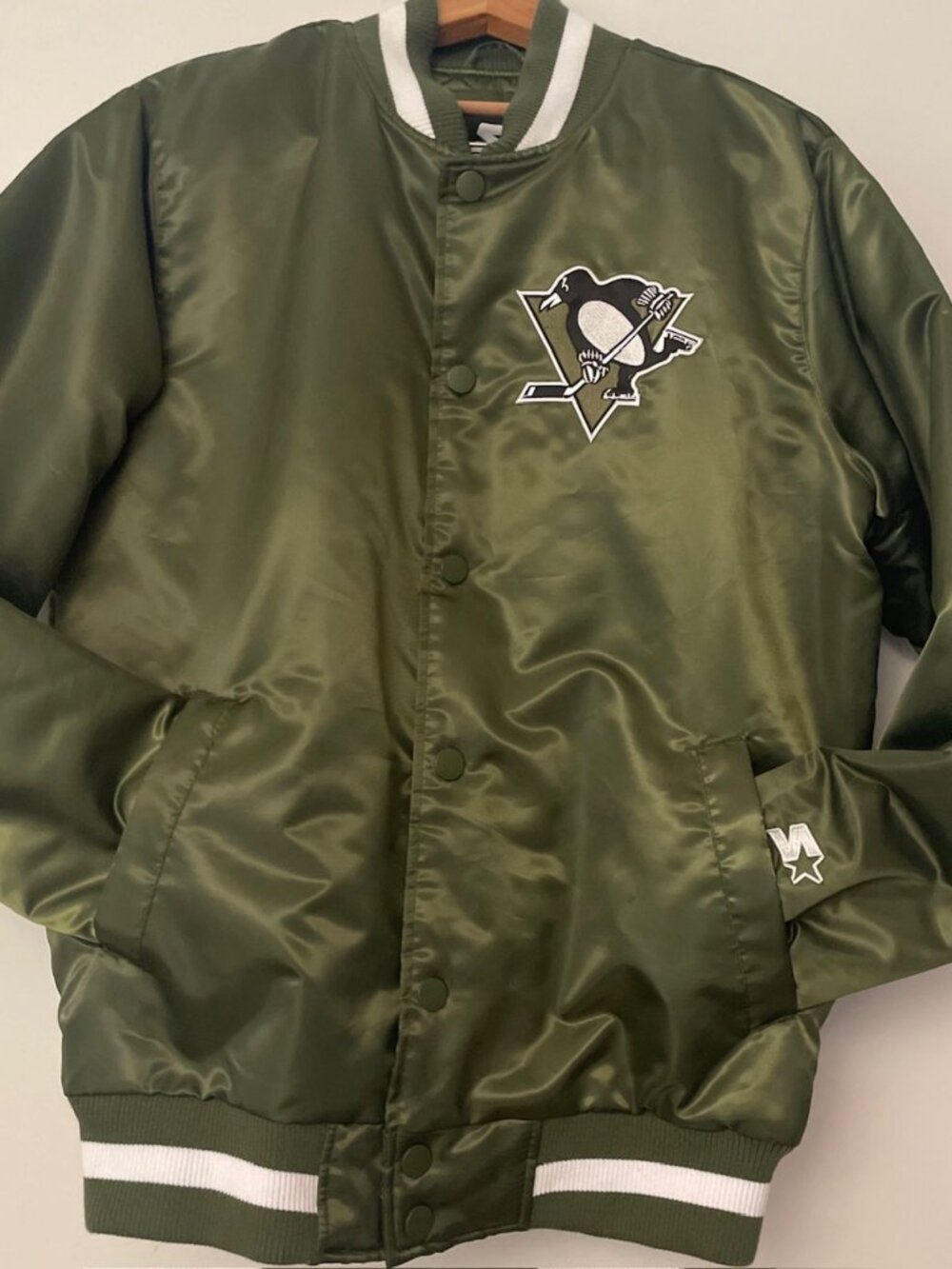 Starter Pittsburgh Penguins Green Satin Full-Snap Bomber Jacket Men's Medium